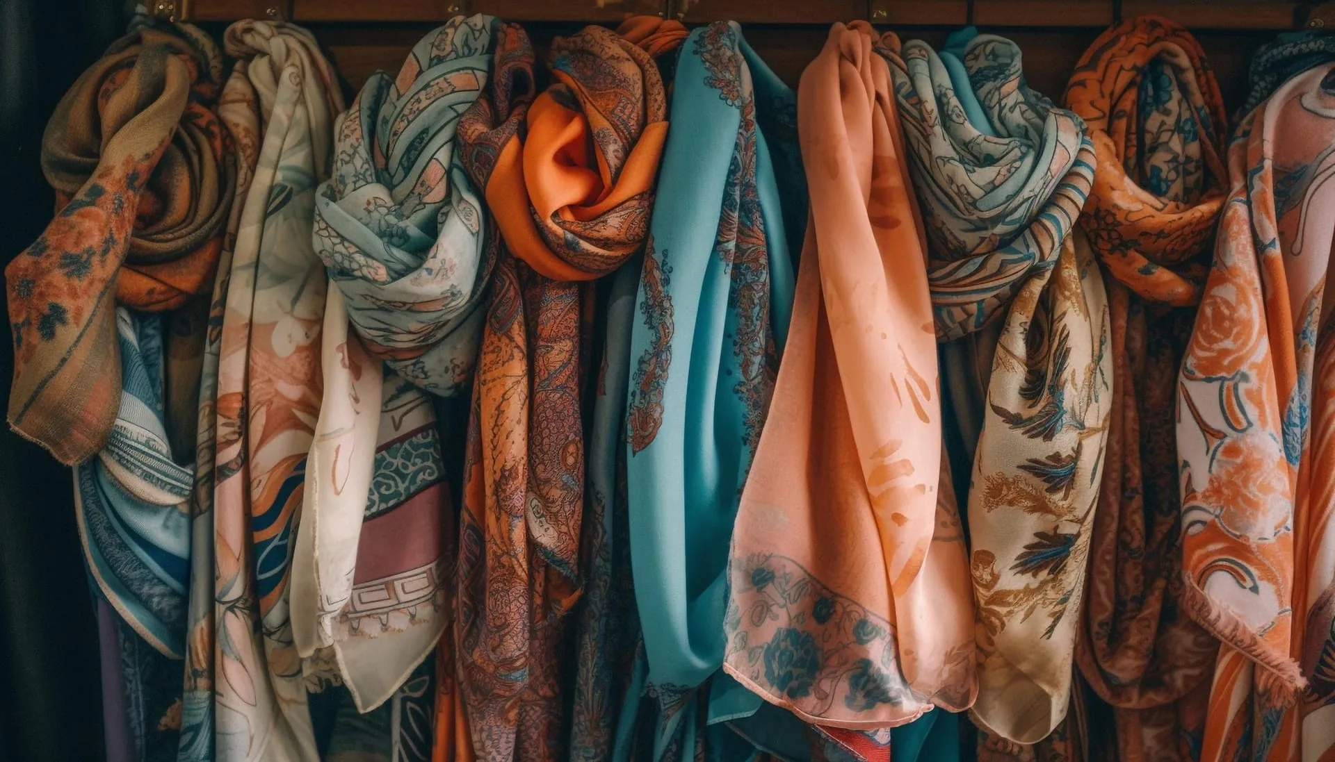 Folded silk scarves in soft seasonal hues